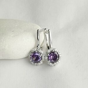 Amethyst cz halo earrings lever backs in Sterling Silver 🆕
